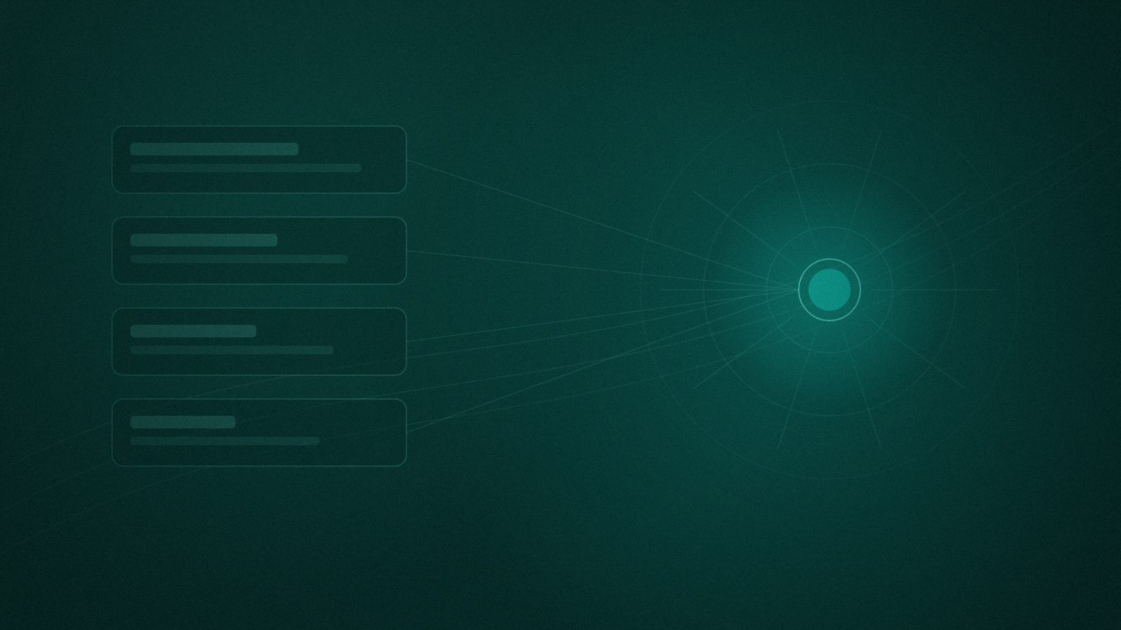 Abstract search result list flowing into a radiant AI answer node, representing GEO and AEO