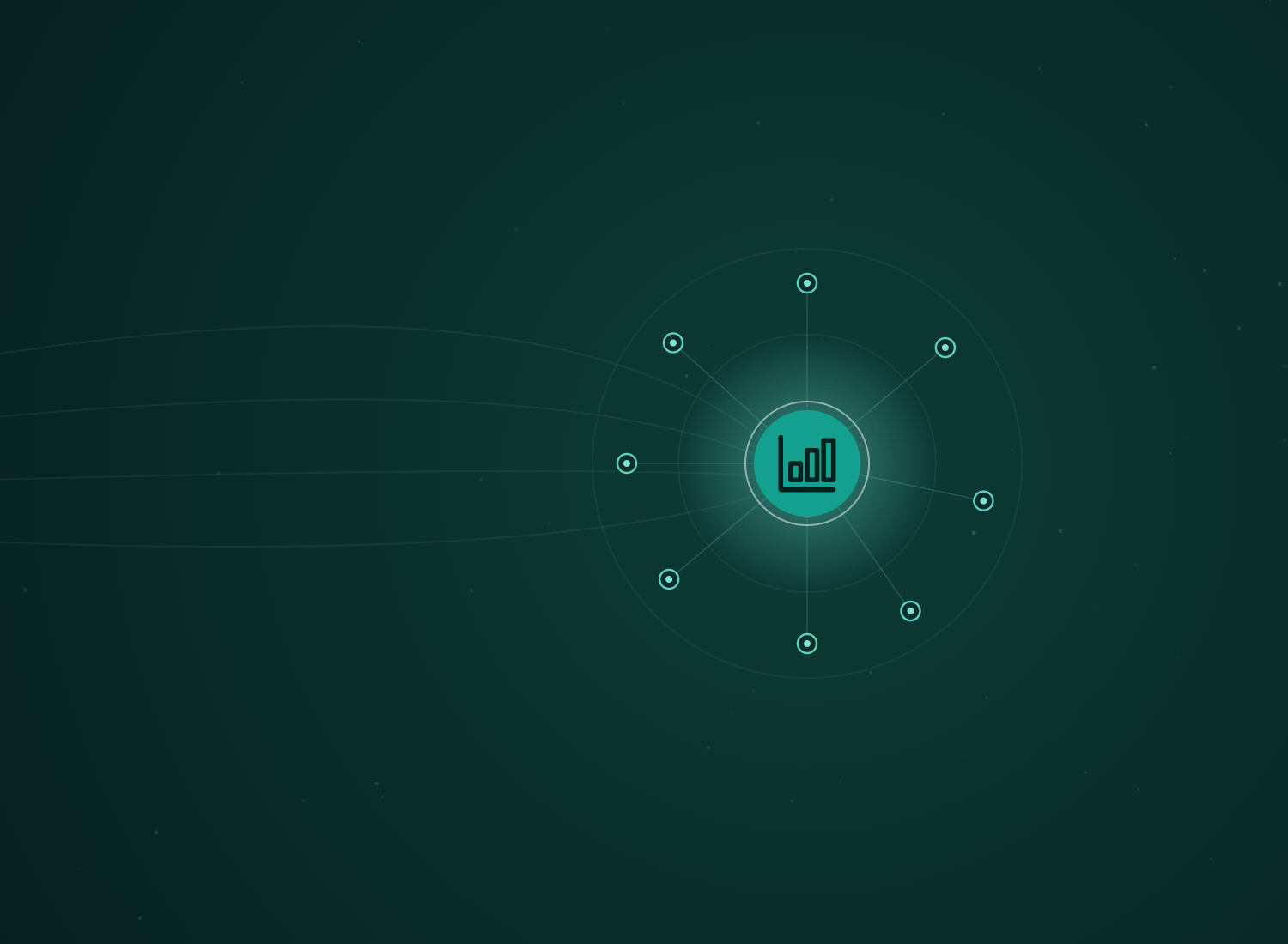 Abstract teal hub-and-spoke network with the AI Data Analytics & Insights icon at its centre, by Rhino Automations