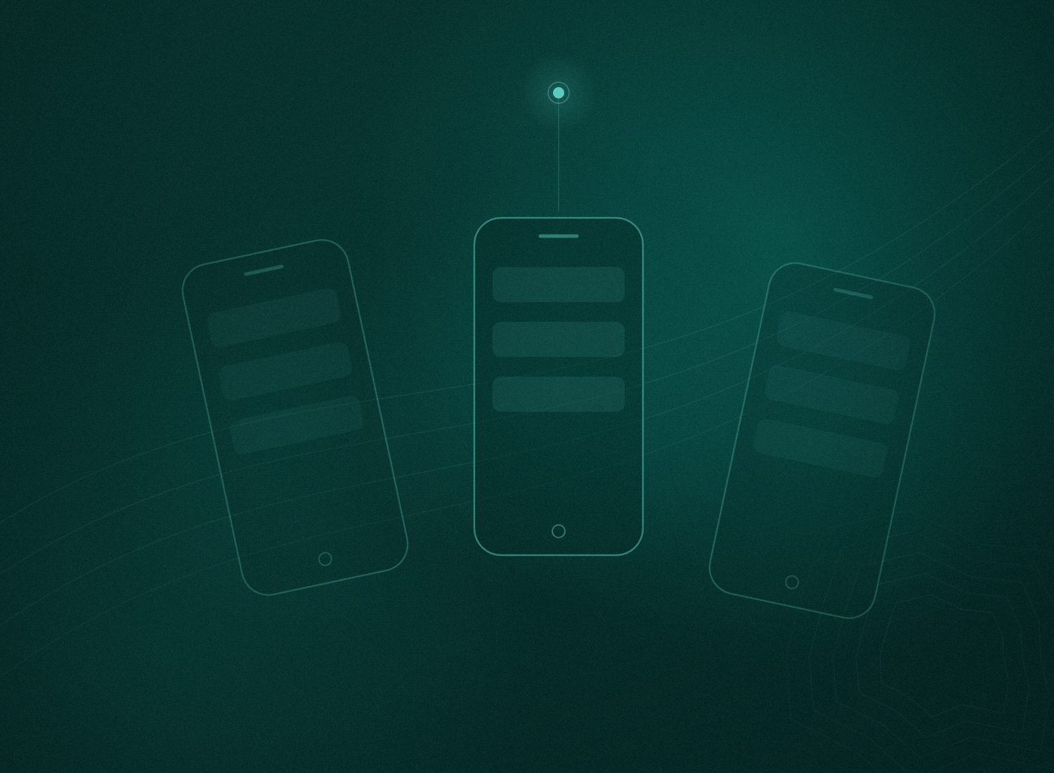 Abstract trio of phone outlines linked to a single core, representing mobile app development