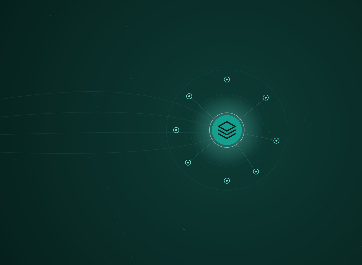 Abstract teal hub-and-spoke network with the Headless & Custom CMS icon at its centre, by Rhino Automations