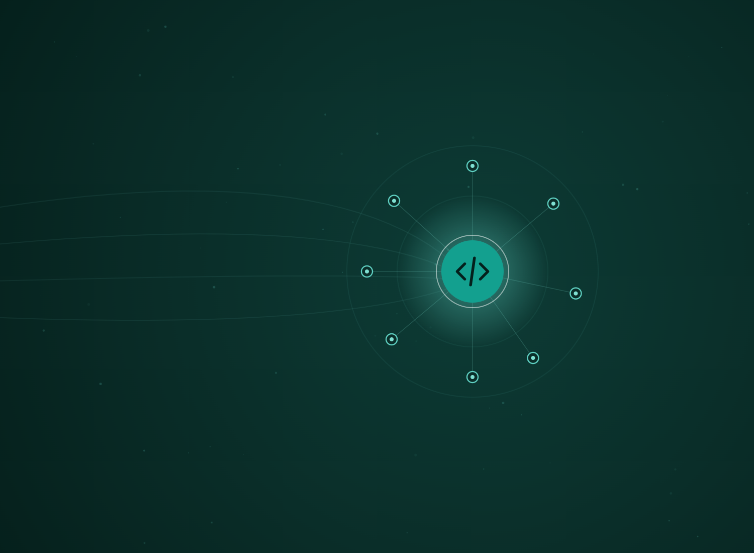 Abstract teal hub-and-spoke network with the Laravel Development icon at its centre, by Rhino Automations