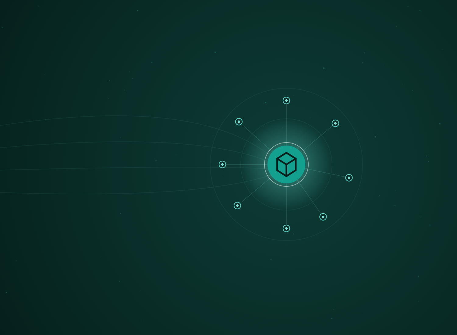 Abstract teal hub-and-spoke network with the Magento Development icon at its centre, by Rhino Automations