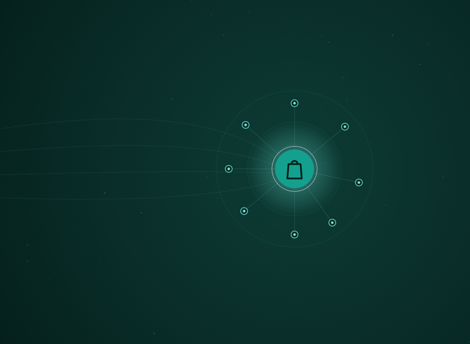 Abstract teal hub-and-spoke network with the Shopify Development icon at its centre, by Rhino Automations
