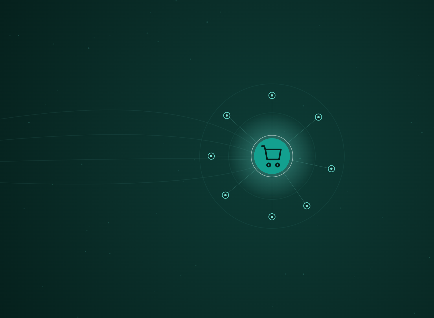 Abstract teal hub-and-spoke network with the WooCommerce Development icon at its centre, by Rhino Automations